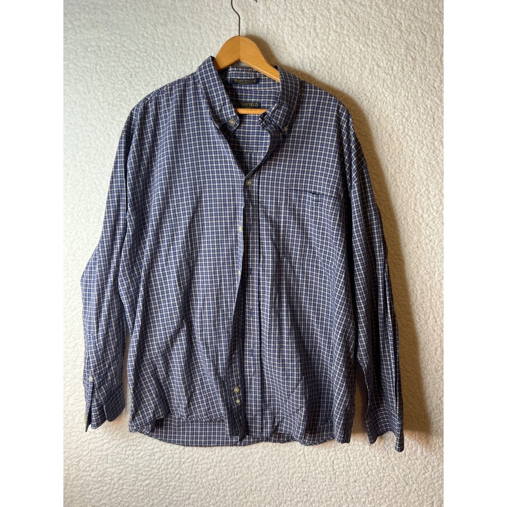 Chesterfield Mens 2XL Blue Plaid Wrinkle Resistant Button Down Shirt Long Sleeve